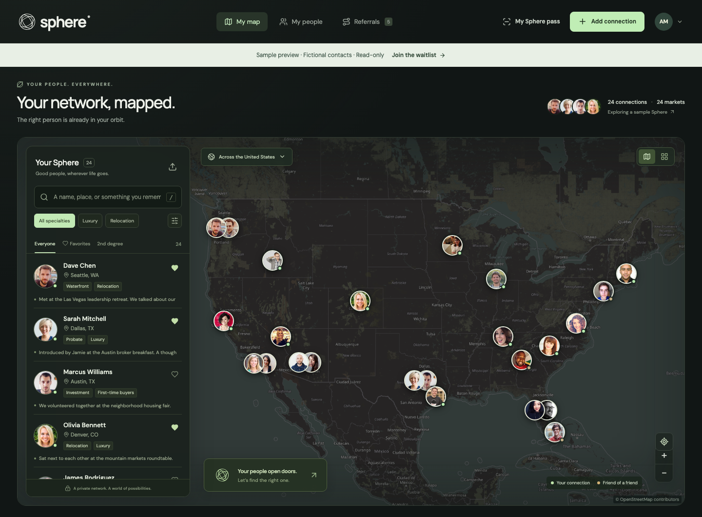 The actual Sphere app: a dark map with headshot clusters, searchable agent cards, and a private network sidebar. Fictional sample contacts shown.